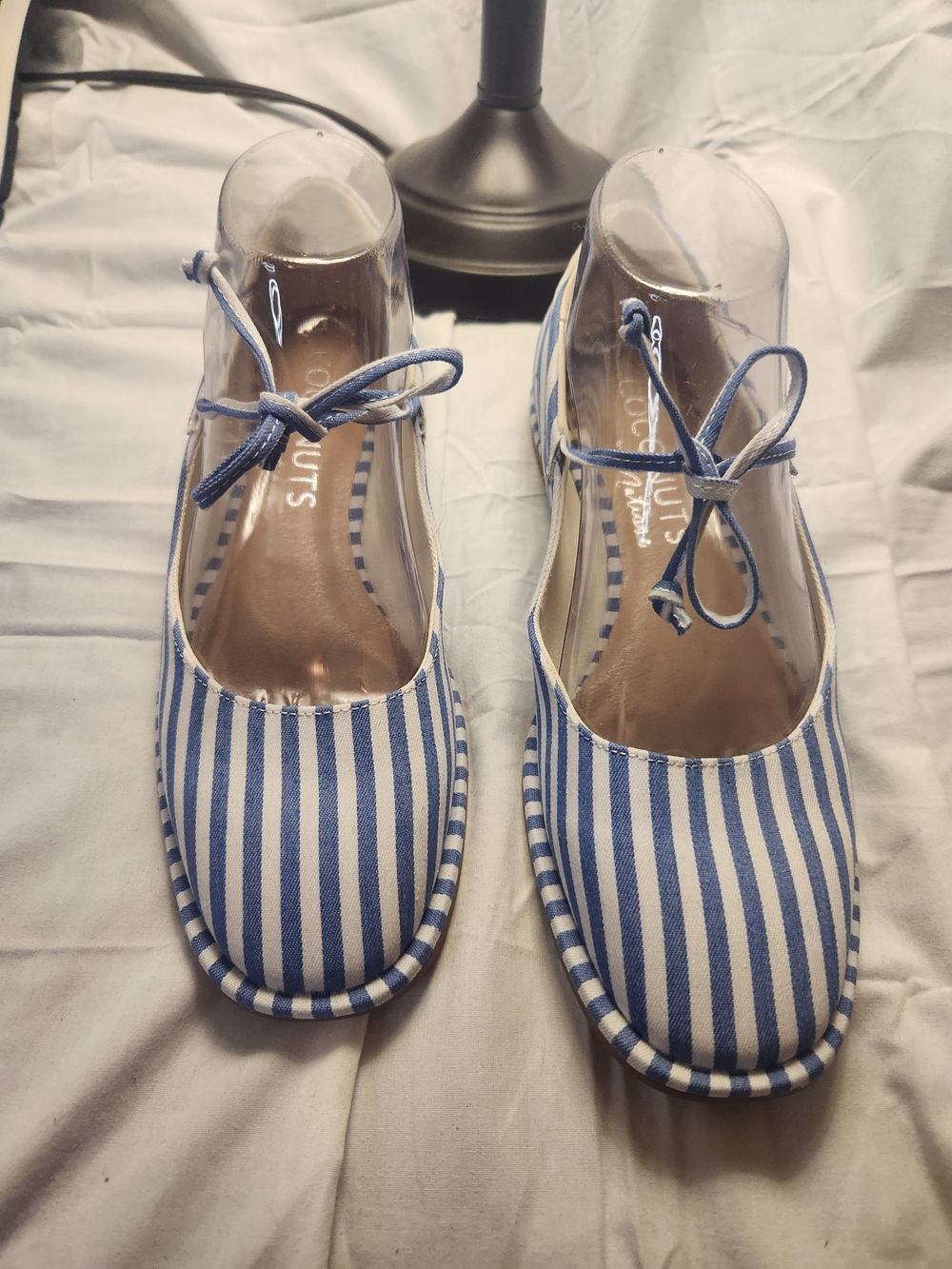 Coconuts by Matisse Blue and White Striped Ankle Tie Flats 8
